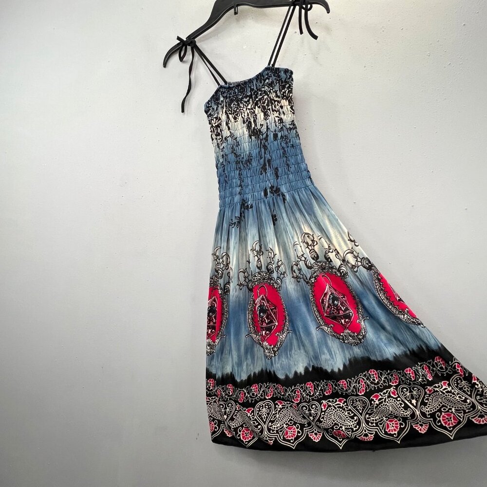 Romantic Sini Tattoo Boho Dress XL Smocked Blue Red Fairy Y2K Boho Tie Straps